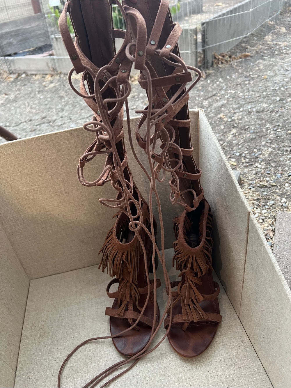 MIA Brown Suede Fringe Lace-Up Knee-High Sandals